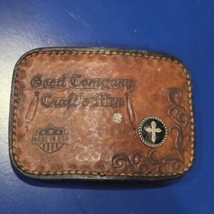 Brad Company Craft's Den Tooled Leather Belt Buckle with Cross Concho USA